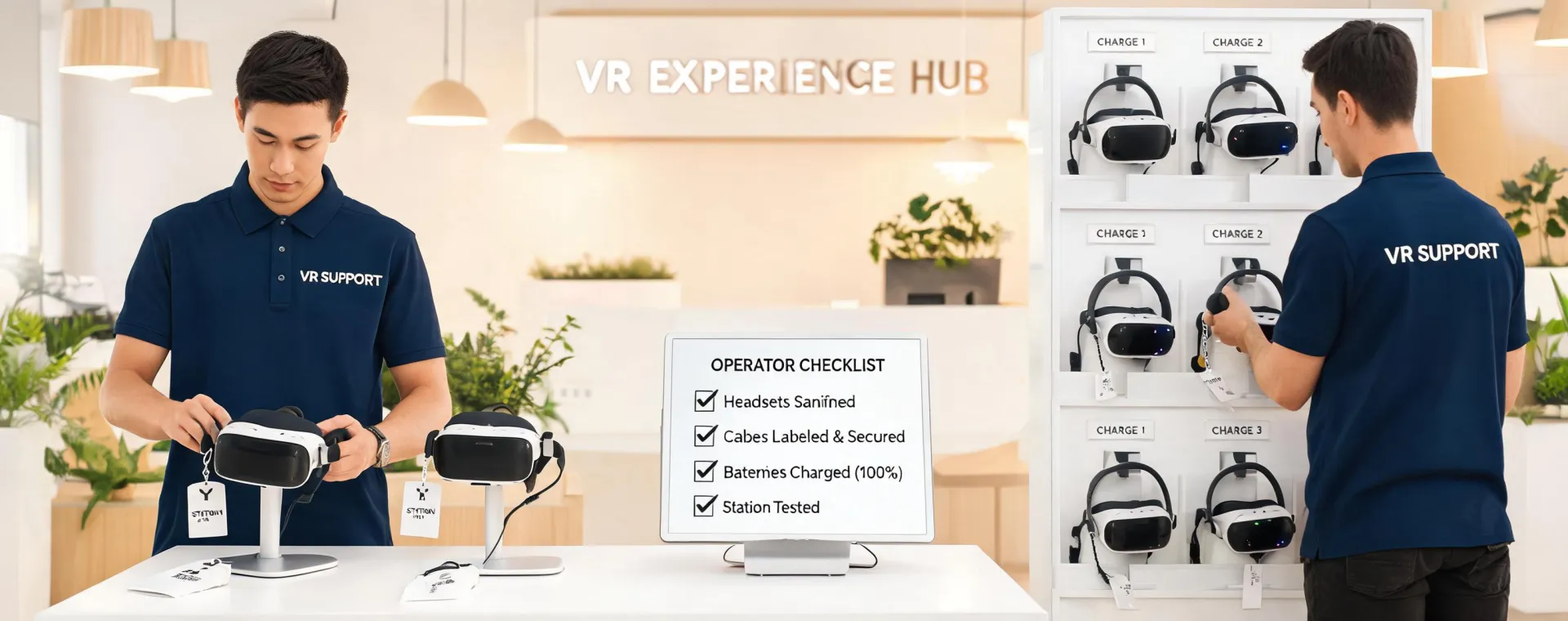 VR service team preparing headset stations